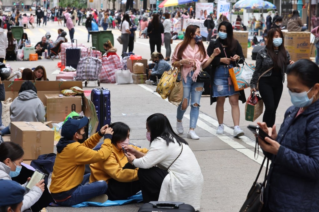 Foreign domestic workers gather in Hong Kong’s Central district on January 30. Photo: Nora Tam