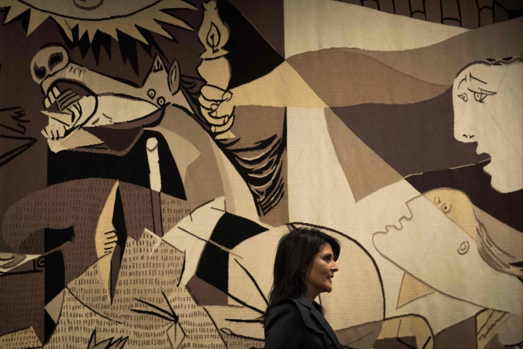 United Nations’ Nikki Haley walks past a replica of “Guernica” by Pablo Picasso at the UN headquarters in New York City in 2018. Photo: Getty Images North America / AFP