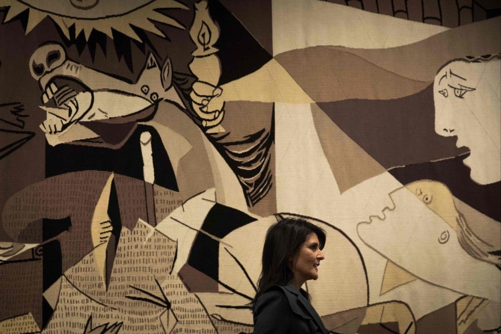 United Nations’ Nikki Haley walks past a replica of “Guernica” by Pablo Picasso at the UN headquarters in New York City in 2018. Photo: Getty Images North America / AFP