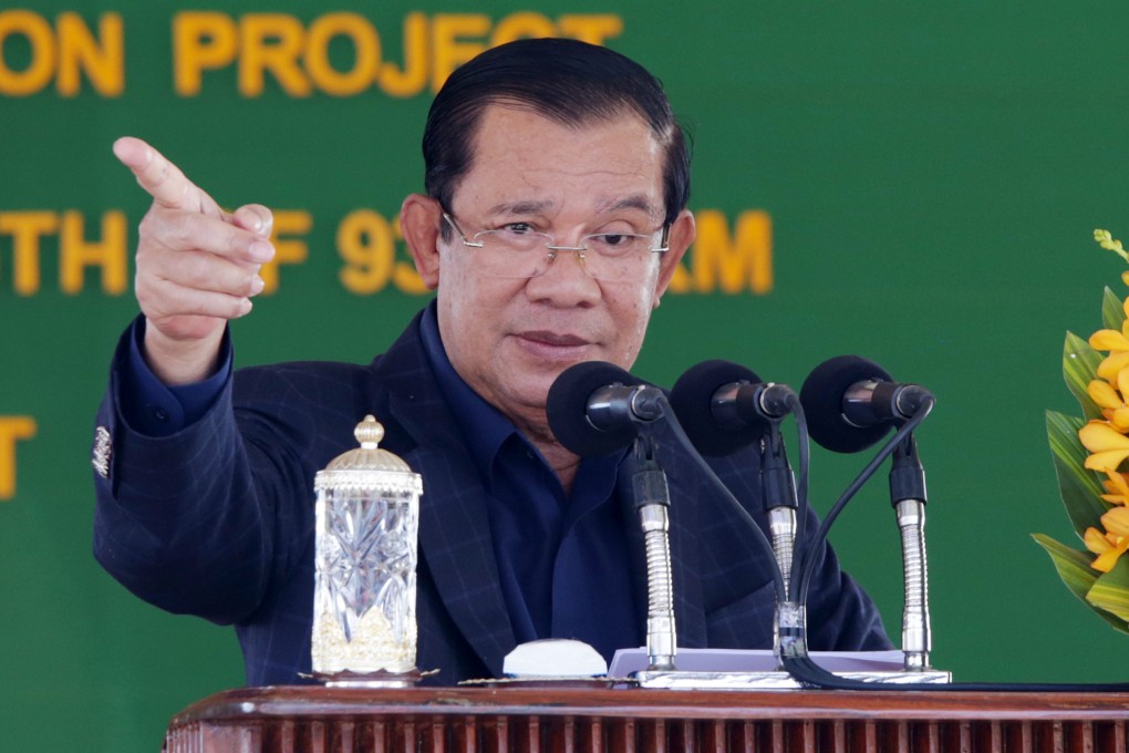 Cambodian Prime Minister Hun Sen speaks on Sunday at the inauguration of a China-funded stretch of road. Photo: XInhua