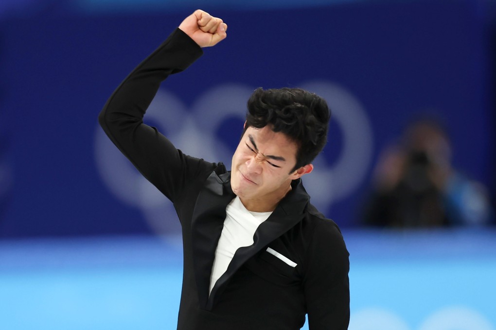 Nathan Chen of the US pumps his fist in the air after his men’s single skating short programme at Capital Indoor Stadium in Beijing. Photo: Xinhua/Cao Can