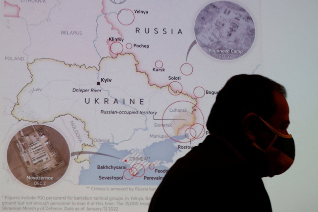 Ukraine’s ambassador to Japan, Sergiy Korsunsky, walks past a map showing Russia and Ukraine as he arrives at a recent press conference venue in Tokyo. Japan is under pressure to show its support for Ukraine but doing so could jeopardise its hopes of regaining control of long-disputed islands claimed by Russia. File photo: Reuters