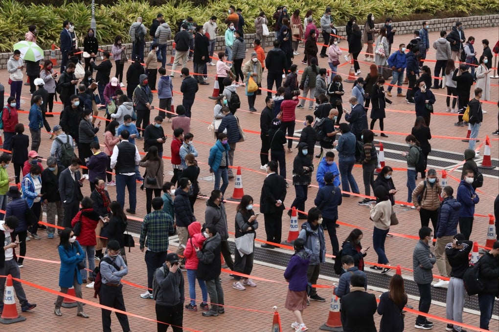 People queue for Covid-19 testing at Edinburgh Place in Central on February 8. Photo: Jonathan Wong