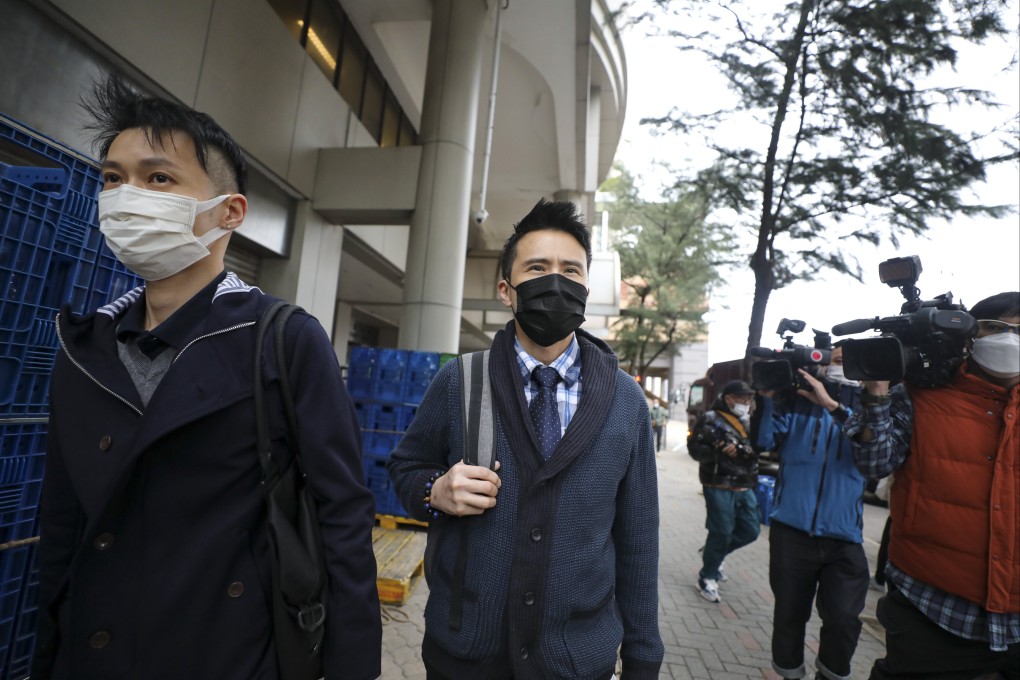 Former Cathay Pacific employees Wong Yoon-loong (right) and Nilsson Lau walk out of Eastern Court on Wednesday. Photo: Xiaomei Chen