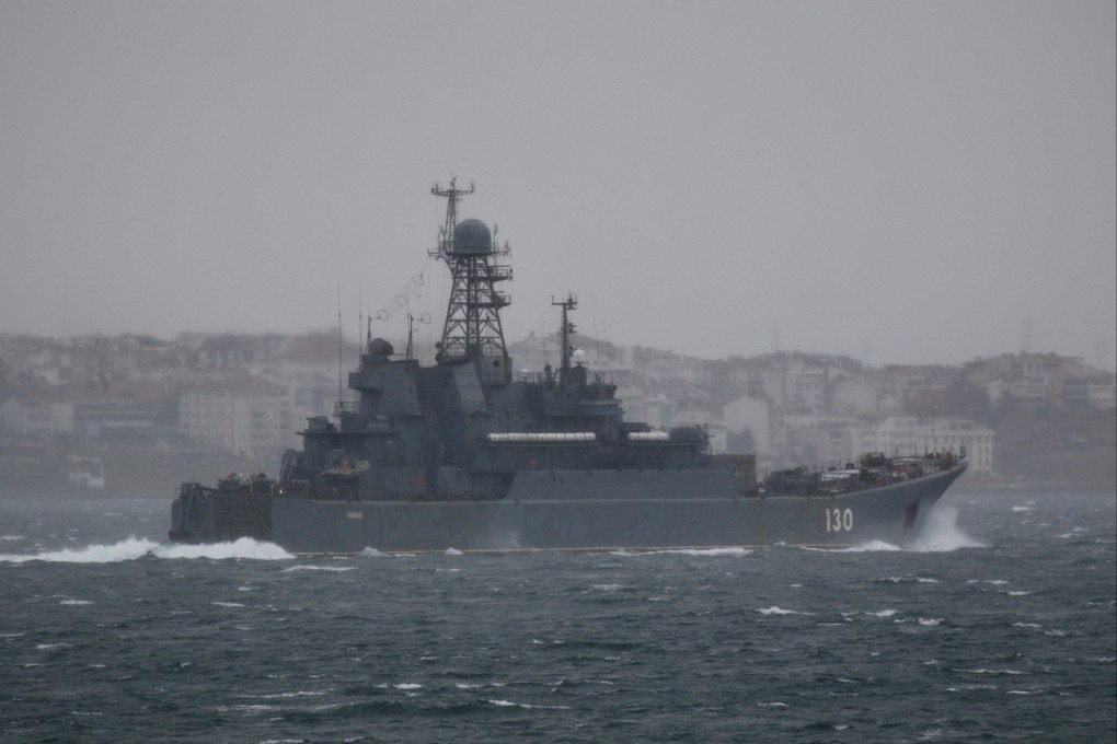 The Russian Navy’s large landing ship Korolev sets sail in the Dardanelles, on its way to the Black Sea, in Canakkale, Turkey. Photo: Reuters