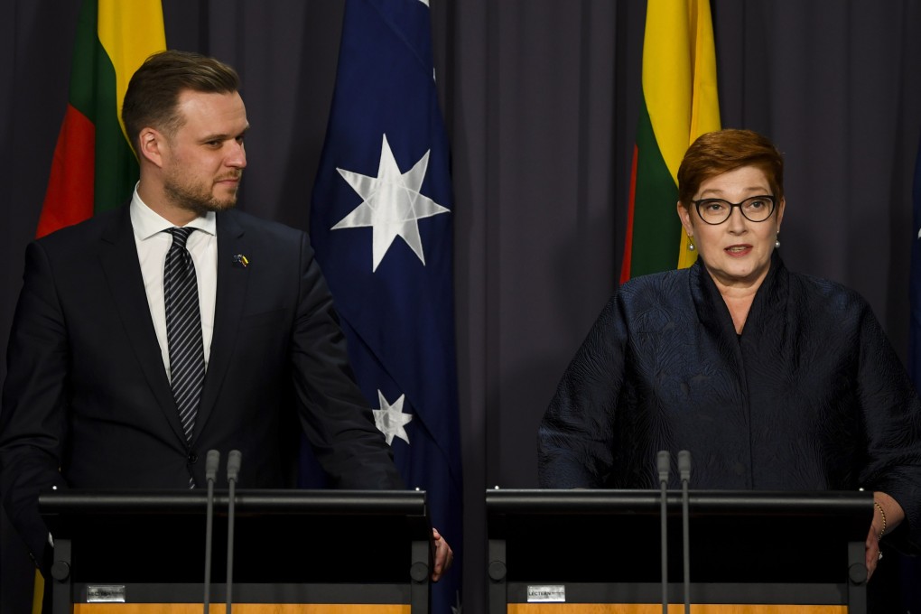 Australian Foreign Affairs Minister Marise Payne (R) met Lithuanian counterpart Gabrielus Landsbergis in Canberra on Wednesday. Photo: EPA-EFE