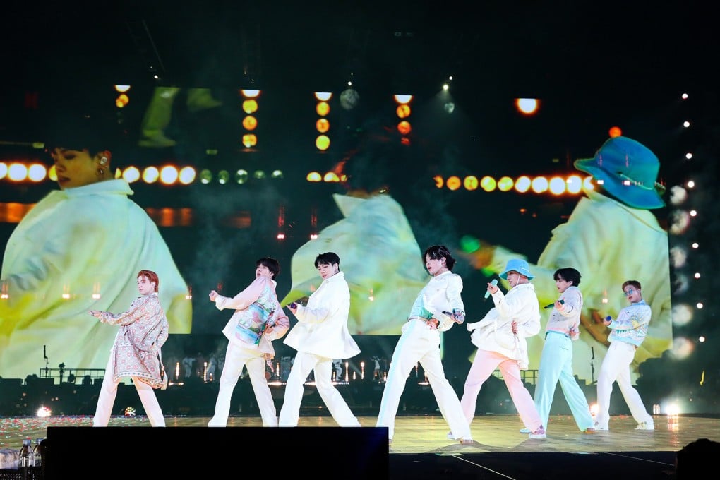 BTS perform at SoFi Stadium, in Inglewood, California, the US. Band members wore upcycled suits to the 76th Session of the United Nations General Assembly, in New York, in 2021. Photo: BigHit Music