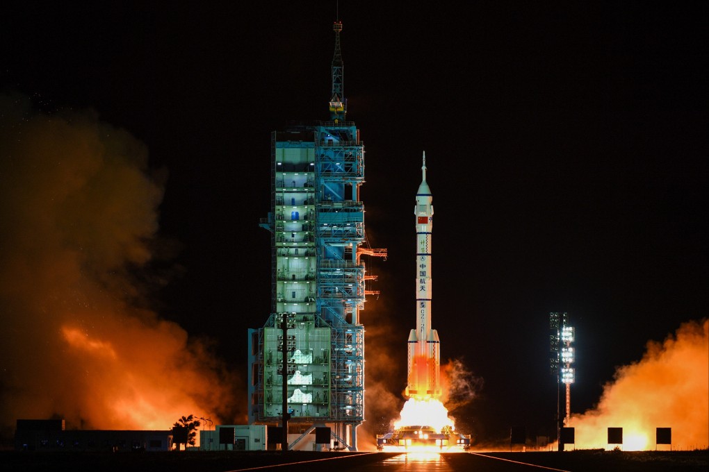 The crewed spaceship Shenzhou-13, atop a Long March-2F carrier rocket, is launched from northwest China’s Gobi Desert in October 2021. Photo: Xinhua
