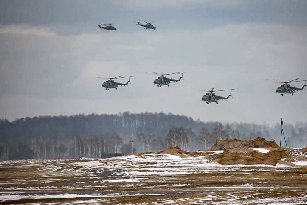 Military helicopters take part in the Belarusian and Russian joint military drills. Photo: AP