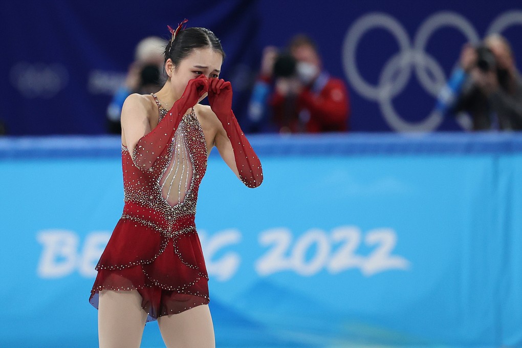 Zhu Yi reacts after a figure skating team event during the Beijing Winter Olympics. Photo: Xinhua