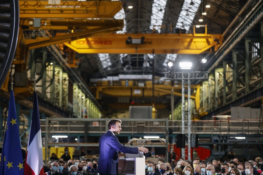 French President Emmanuel Macron delivers a speech at the GE Steam Power System main production site for its nuclear turbine systems in Belfort, eastern France. Photo: EPA