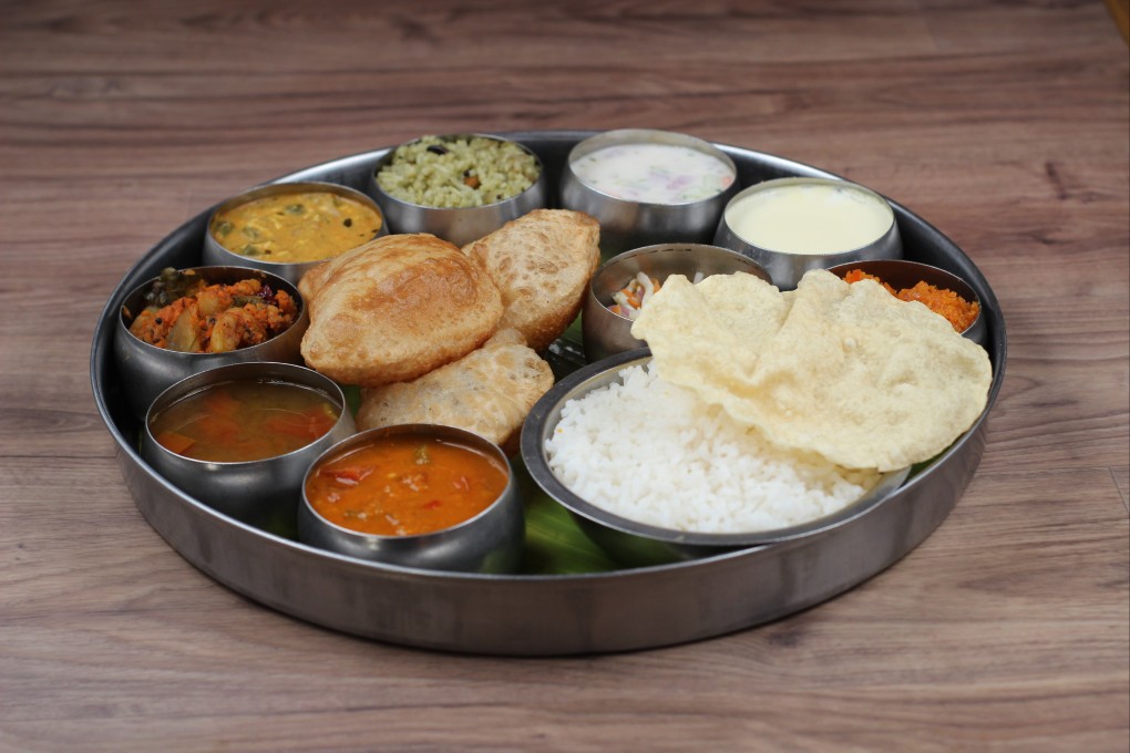 A typical south Indian meal consists of steamed rice, lentils, grains and vegetables, curds, pickles and papads. Photo: Kalpana Sunder