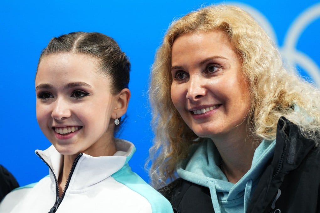 Kamila Valieva (left) alongside coach Eteri Tutberidze after competing in Beijing. Reuters