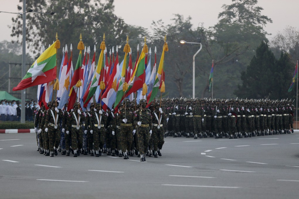 Soldiers parade during the 75th anniversary of Union Day in Myanmar. Photo: EPA