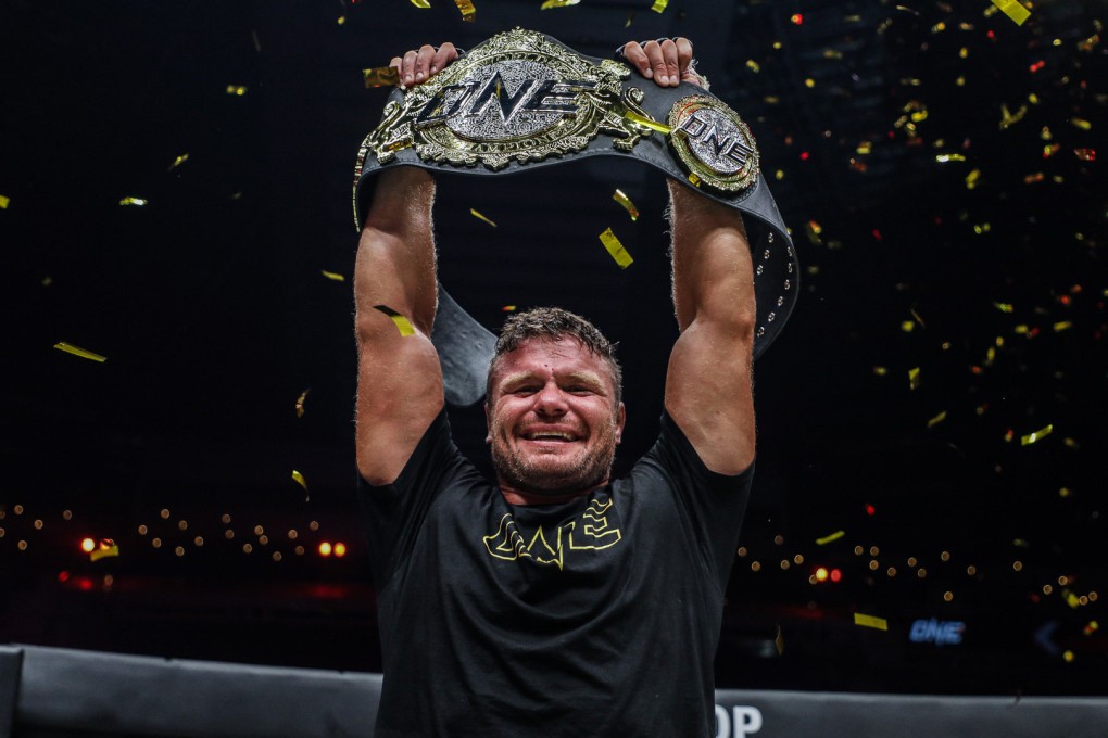 Anatoly Malykhin celebrates winning the interim heavyweight title at ONE: Bad Blood. Photo: ONE Championship