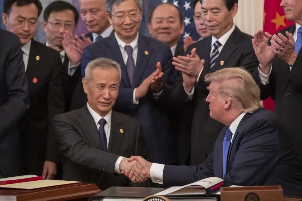 Then US president Donald Trump (right) and Vice-Premier Liu He participate in a signing ceremony of the phase one trade agreement in the East Room of the White House in Washington, on January 15, 2020. Photo: EPA-EFE