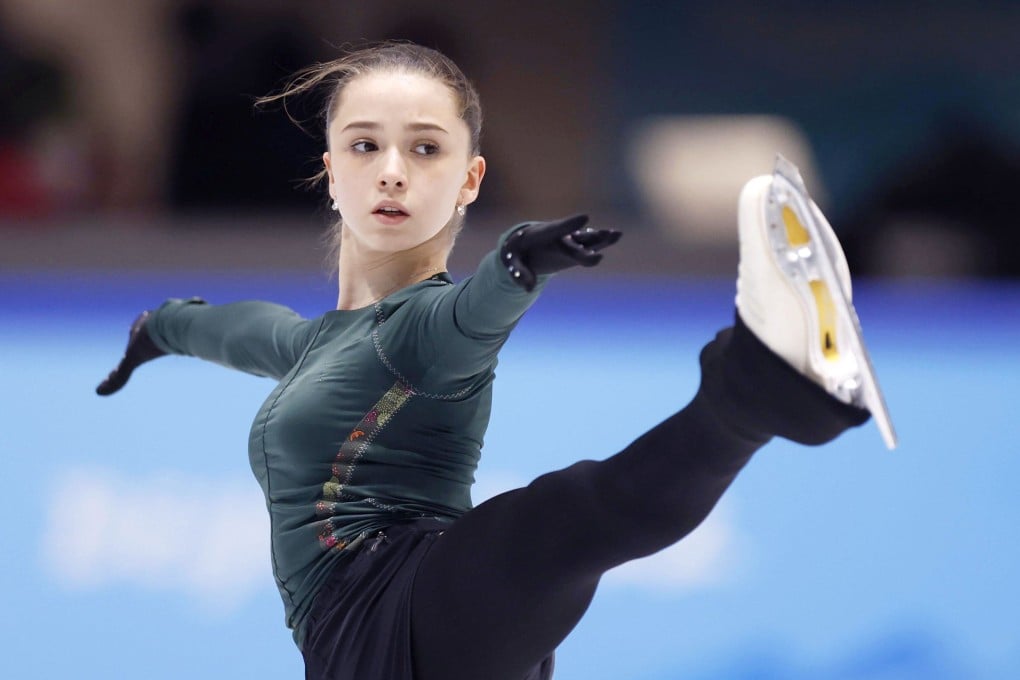 Russian Olympic Committee figure skater Kamila Valieva takes part in an official training session at the Beijing Winter Olympics on February 13, 2022. Photo: Kyodo