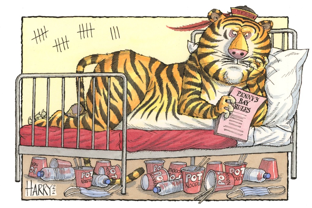 “No Exemption” from South China Morning Post cartoonist Harry Harrison’s new series “Year of the Tiger: Same Routine, New Stripes”, with works based on the ongoing Covid-19 pandemic. Picture: Harry Harrison