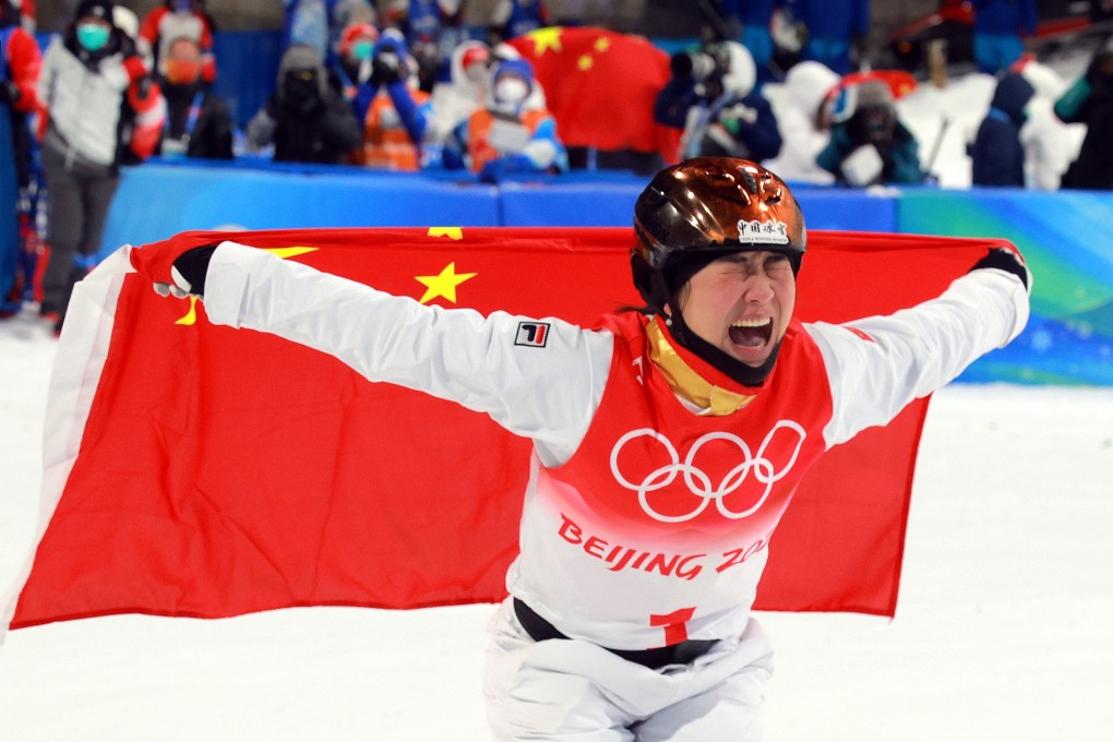 China’s Xu Mengtao can barely contain herself after she wins gold in the freesyle skiing women’s aerials in Zhangjiakou. Photo: EPA-EFE