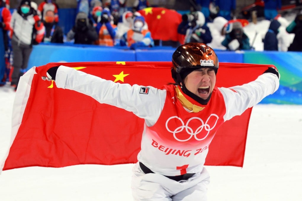 China’s Xu Mengtao can barely contain herself after she wins gold in the freesyle skiing women’s aerials in Zhangjiakou. Photo: EPA-EFE