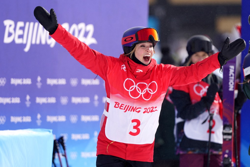 Eileen Gu celebrates her silver for China in the women’s freeski slopestyle event. Photo: DPA