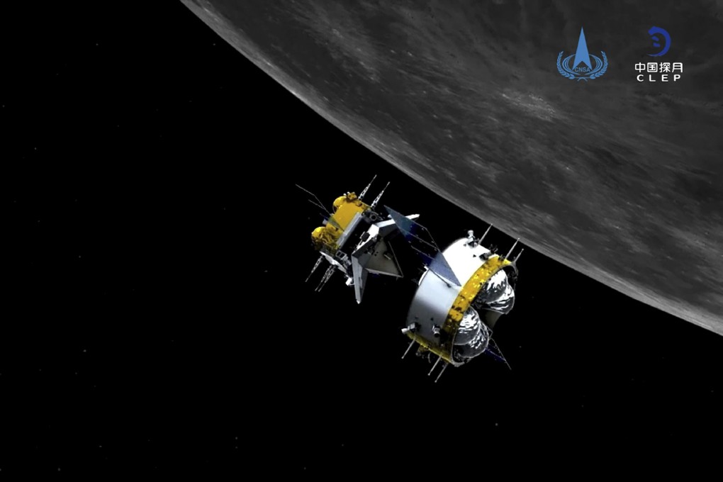 A graphic simulation shows the orbiter and returner of China’s Chang’e 5 probe, which brought samples of the lunar surface back to Earth. Photo: AP