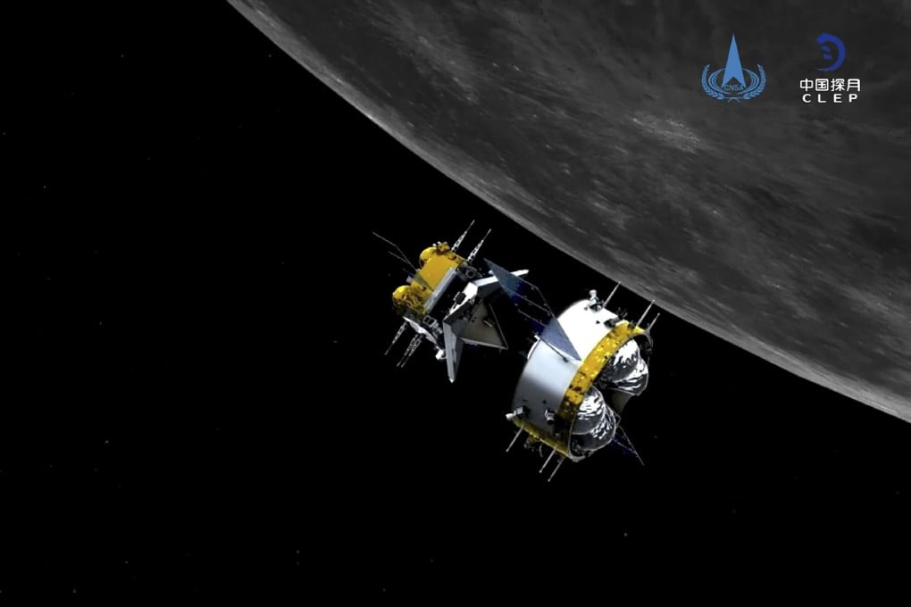 A graphic simulation shows the orbiter and returner of China’s Chang’e 5 probe, which brought samples of the lunar surface back to Earth. Photo: AP
