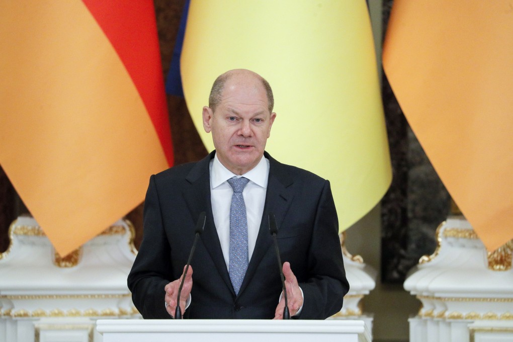 German Chancellor Olaf Scholz speaks during a press conference in Ukraine on Monday. He is on an official visit to Kyiv to show solidarity and support to Ukraine amid fears of a Russian invasion. Photo: EPA-EFE