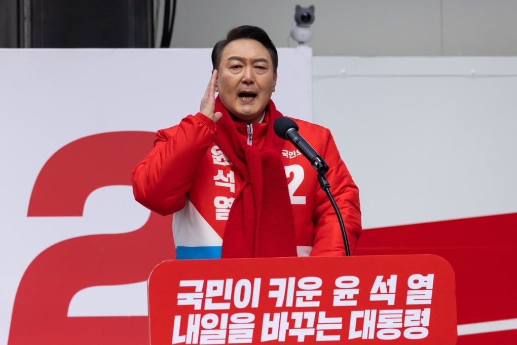 Yoon Suk-yeol, presidential candidate from the main opposition People Power Party, speaks during a campaign rally in Seoul on Tuesday. Gallup’s latest poll suggests Yoon and the ruling party’s Lee Jae-myung are favourites for the race. Photo: Bloomberg