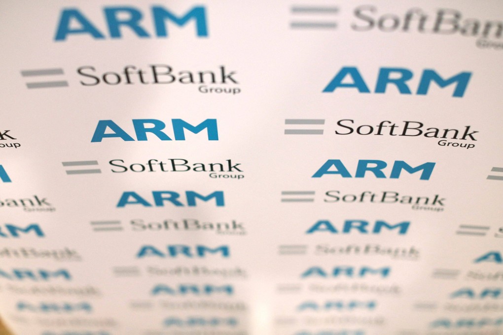 Arm and SoftBank logos are displayed at a news conference in London in July 2016. Photo: Reuters