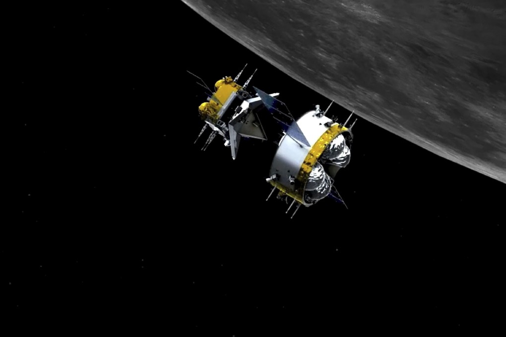 This graphic simulation image shows the orbiter and returner combination of China’s Chang’e-5 probe after its separation from the ascender. Image: China National Space Administration/Xinhua via AP