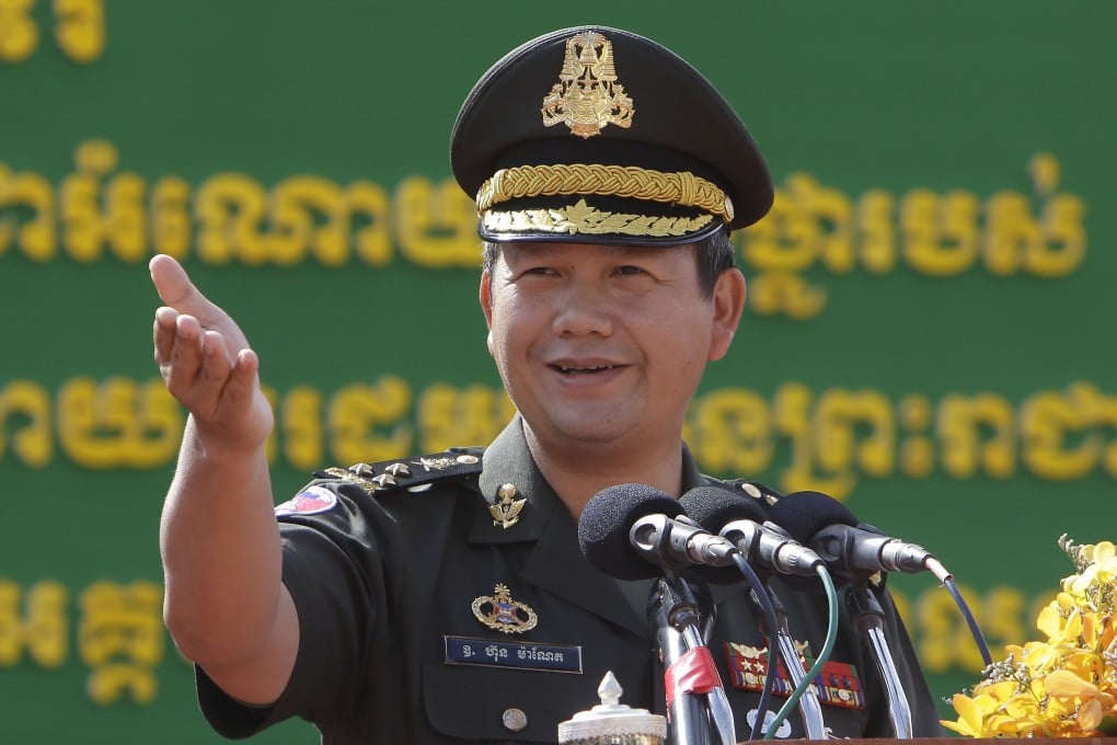 Son of Cambodian Prime Minister Hun Sen, Lt. Gen. Hun Manet delivers a speech in Phnom Penh, Cambodia in June 2020. Photo: AP/Heng Sinith