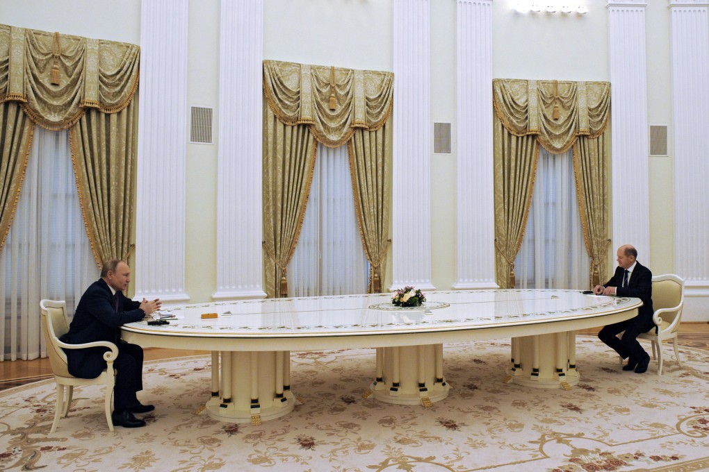 Russian President Vladimir Putin during a meeting with German Chancellor Olaf Scholz in Moscow on Tuesday. The men met to discuss the tense situation on the Ukrainian-Russian border. Photo: dpa