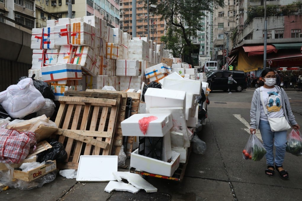 Styrofoam boxes piled up near Chun Yeung Street Market in North Point. Photo: Xiaomei Chen