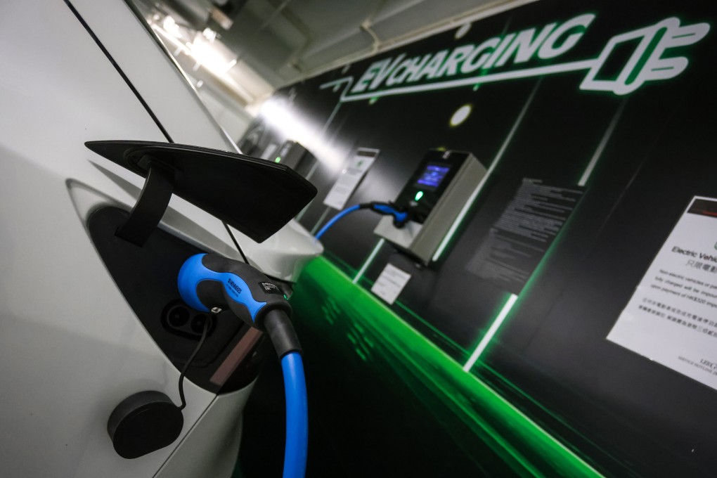 An electric vehicle charging station in Causeway Bay. The pilot scheme to subsidise the installation of parking spaces outfitted with chargers was launched in October 2020. Photo: Nora Tam
