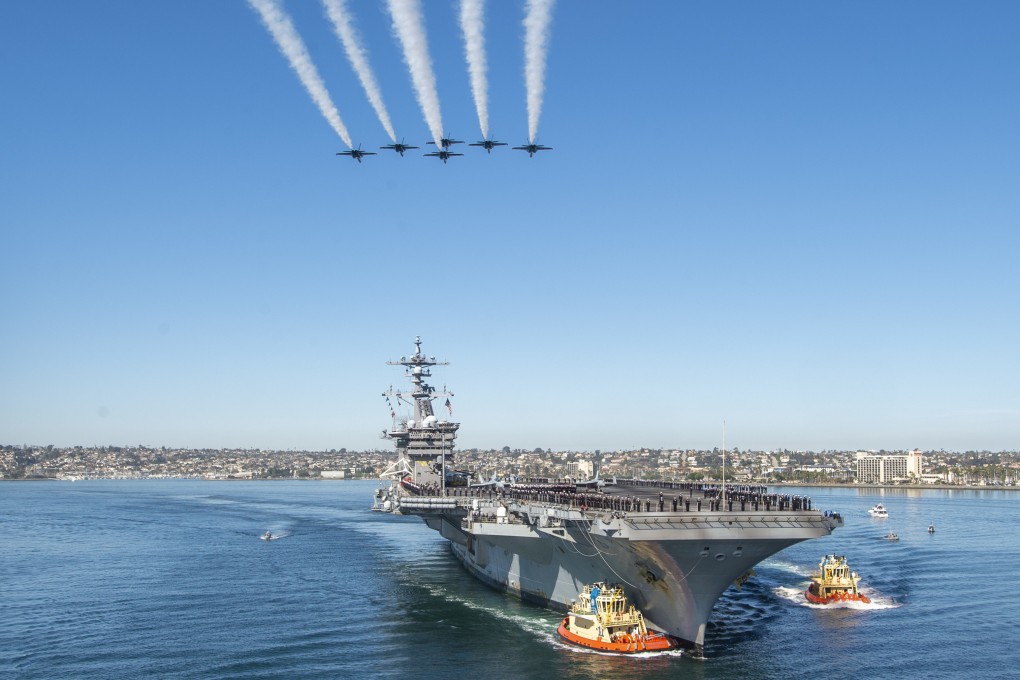 The US Navy’s Blue Angels fly over the USS Carl Vinson as it arrives at its home port of San Diego on Monday. Photo: Twitter
