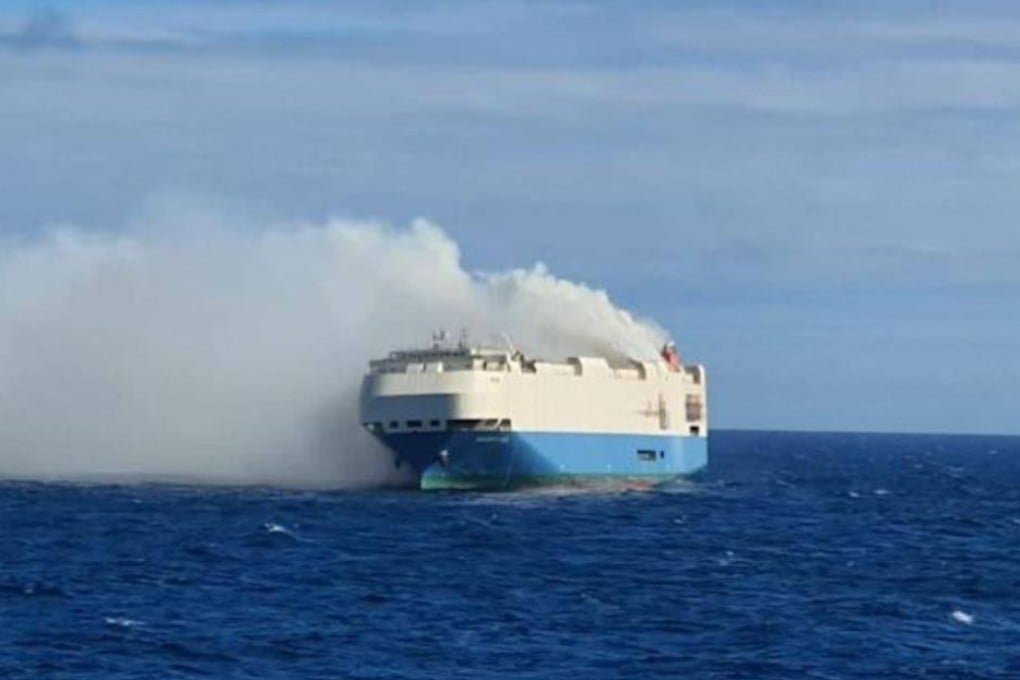 The Felicity Ace, which is drifting in the mid-Atlantic, carrying thousands of Volkswagen Group vehicles. Photo: Portuguese Navy