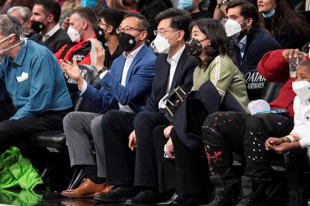 Brooklyn Nets owner Joe Tsai (centre, left) with Chinese Ambassador to the US Qin Gang in an NBA game against the Sacramento Kings in Barclays Centre. Photo: Brooklyn Nets
