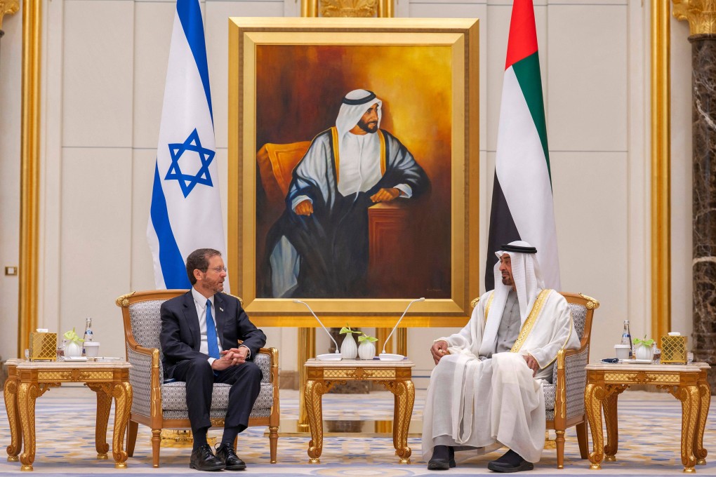 Israel’s President Isaac Herzog meets Abu Dhabi’s Crown Prince Sheikh Mohammed bin Zayed al-Nahyan in January. Photo: United Arab Emirates News Agency Handout via AFP