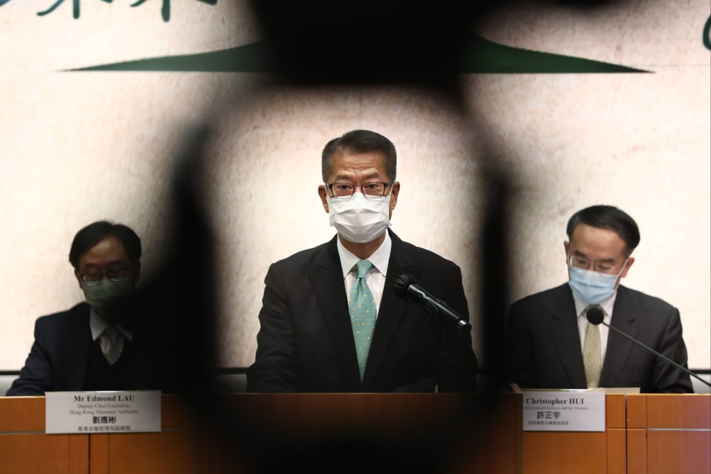 Financial Secretary Paul Chan Mo-po speaks at a press conference about plans for the government to issue green bonds to investors on February 15. Chan will deliver Hong Kong’s 2022-23 budget tomorrow. Photo: Jonathan Wong