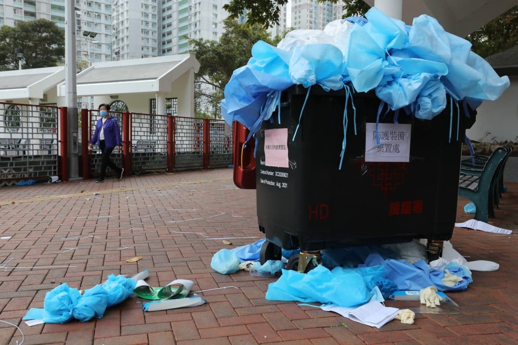 A bin overflowing with PPE waste during the Kwai Chung Estate’s five-day lockdown in Hong Kong on January 26. Photo: Jelly Tse
