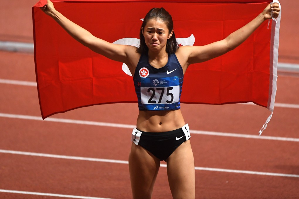 Vera Lui celebrates after a bronze in the women’s 100m hurdles final at the 2018 Asian Games in Jakarta. Photo: Xinhua
