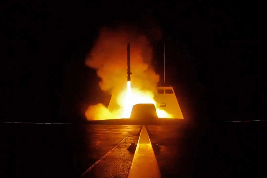 A cruise missile is launched from a French military vessel in the Mediterranean sea towards targets in Syria in April 2018. Photo: AFP/ECPAD