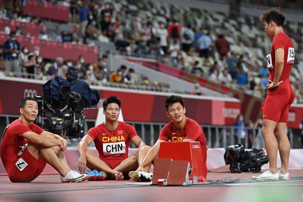 Members of China’s 4x100m relay final look disappointed after crossing the line fourth at the Tokyo 2020 Olympic Games in 2021. Photo: Xinhua