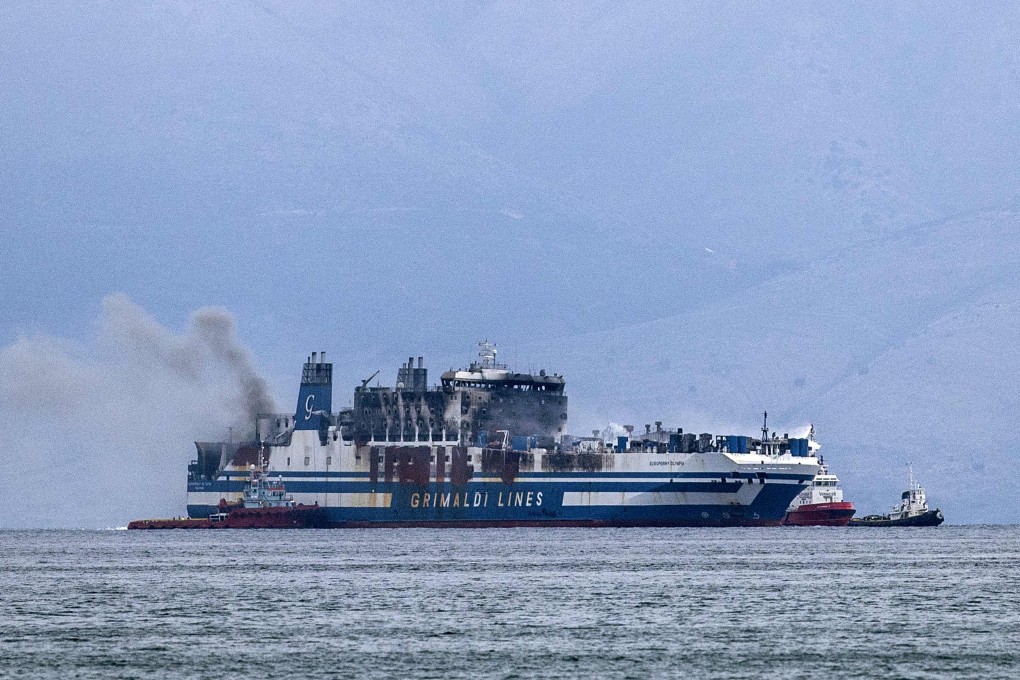 Smoke rises from the burning Euroferry Olympia on the Greek island of Corfu on Saturday. Photo: AFP
