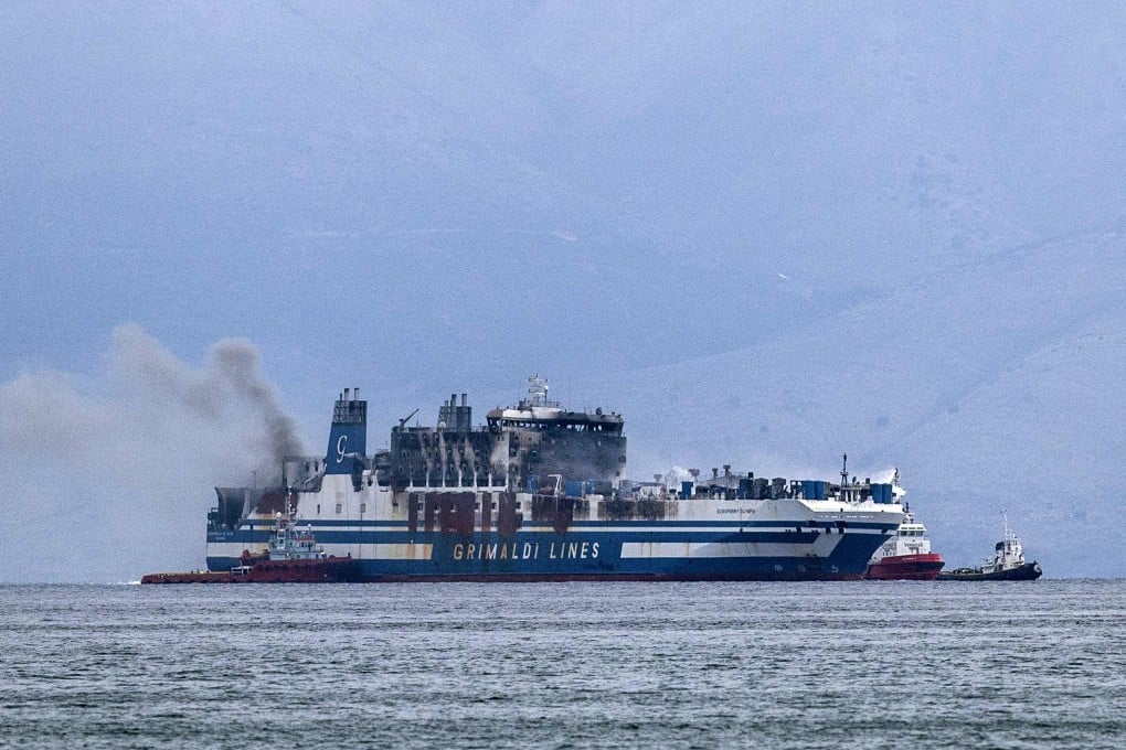 Smoke rises from the burning Euroferry Olympia on the Greek island of Corfu on Saturday. Photo: AFP