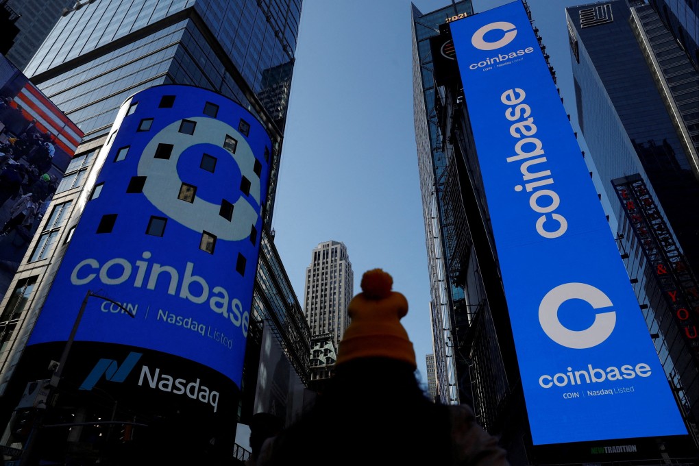 The logo for Coinbase Global, the US cryptocurrency exchange, is displayed in Times Square New York, April 14, 2021. Photo: Reuters