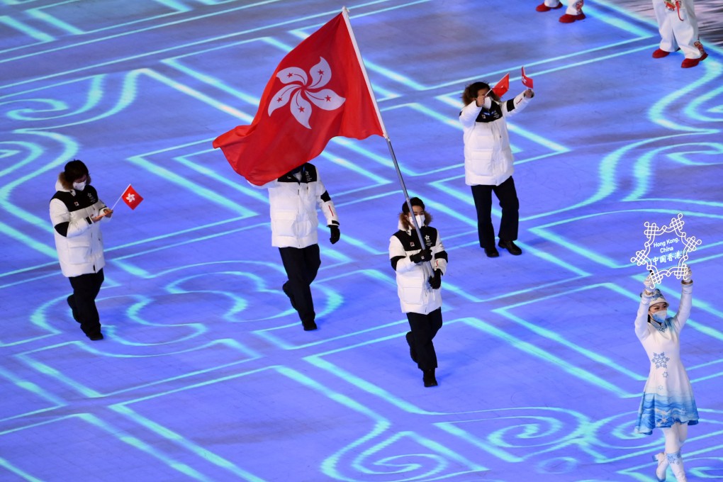 Hong Kong flag-bearer Sidney Chu and other team representatives at the Beijing Winter Olympic Games opening ceremony. Photo: Reuters