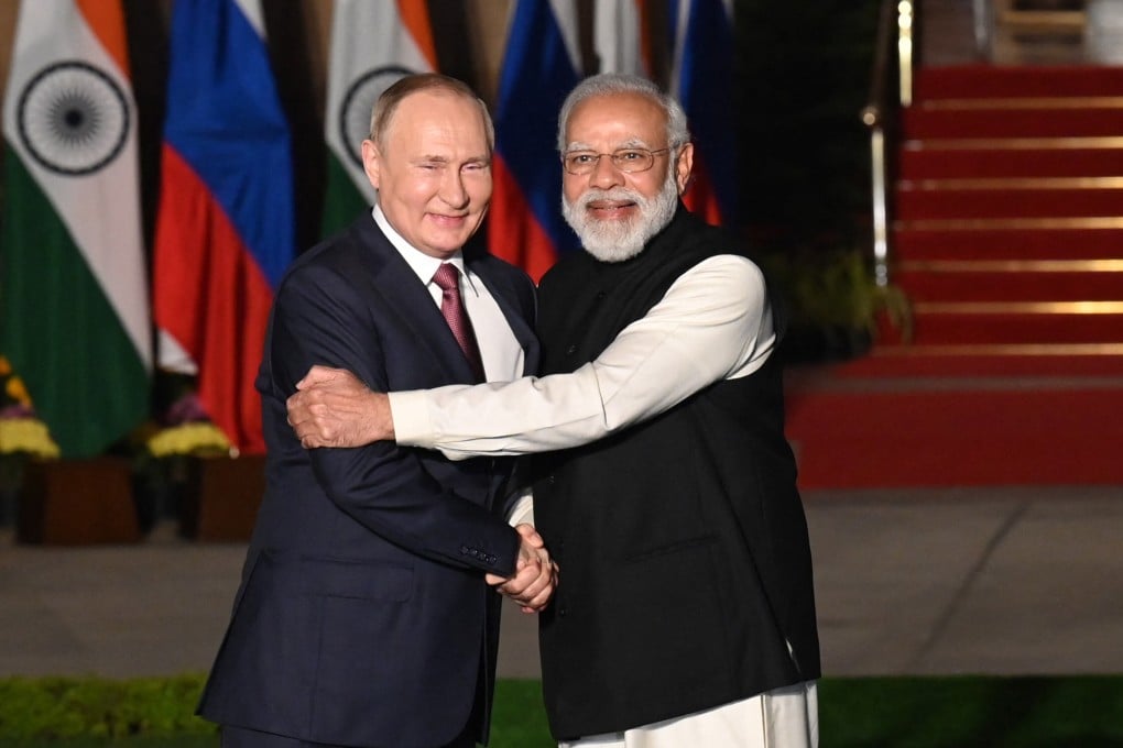 India’s Prime Minister Narendra Modi greets Russian President Vladimir Putin in New Delhi in December. Photo: AFP