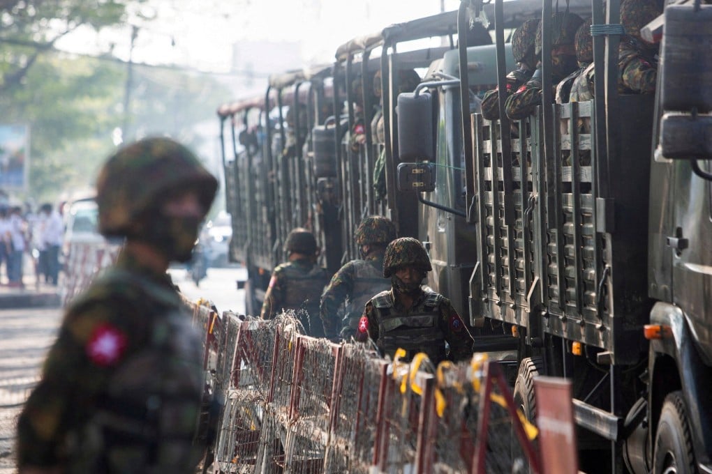 Soldiers stationed in Yangon as people gather to protest against the military coup on February 15, 2021. File Photo: Reuters